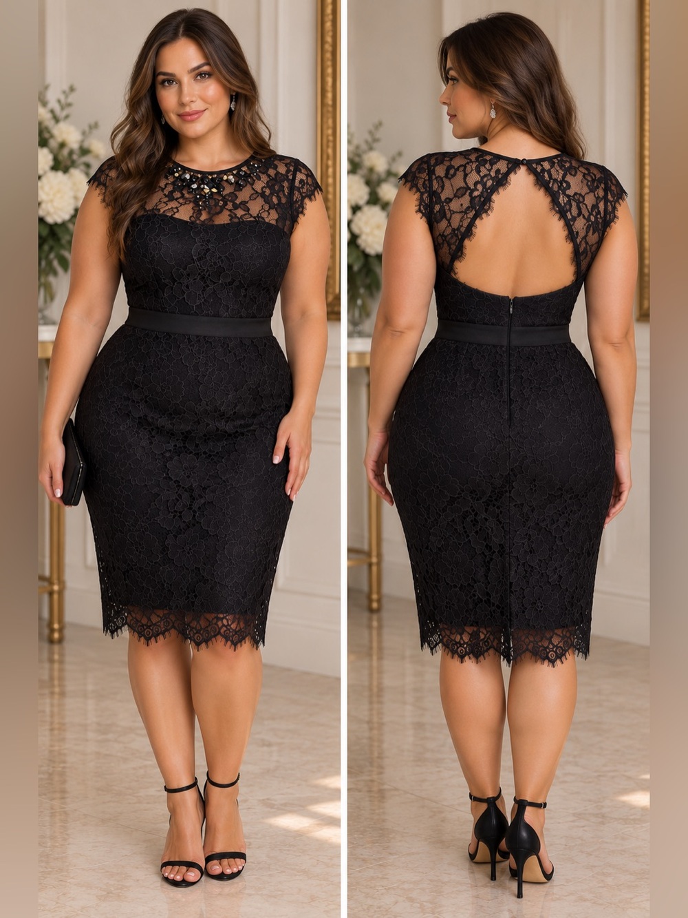 ML Monique Lhuillier Black Lace Embellished Neck Open Back Dress 14 NWOT